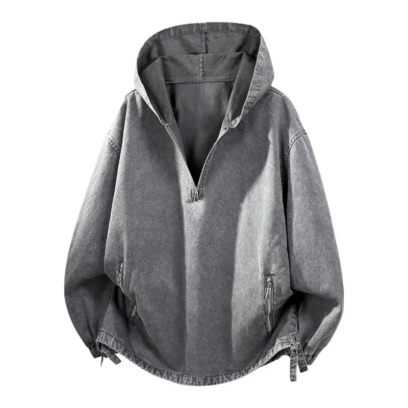 Men's Washed Pure Cotton Half-Zip Hooded Sweatshirt - Menswear Tops, Retro Plain Breathable Fabric, Denim Jacket with Zip Pockets, Elastic Hem & Cuffs, Street Style Daily Wear