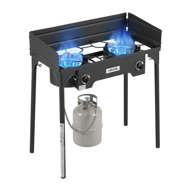 VEVOR Camp Kitchen Outdoor Cooking Station, Heavy-Duty Carbon Steel 2-Burner Propane Stove (150,000 BTU), Heat-Resistant Coating, Detachable Design Stand, Cookware-Compatible Dual Independent Burners, Gas Tools for Outdoor Adventures