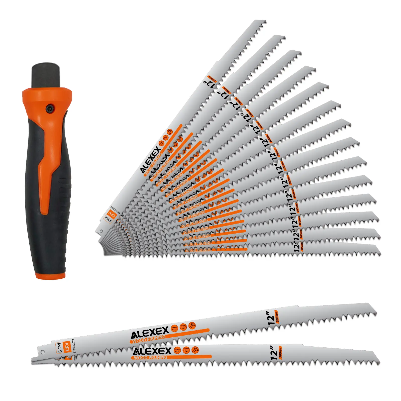 16-Pack 12in 5TPI High-Quality Cr-V Steel Reciprocating Saw Blades (Hardware) with Fleam-Ground Teeth, Handle Included, for Trunks, Dry/Wet Wood Cutting, Enhancing Sawzall Wood Blade Service Life, Faster Cuts