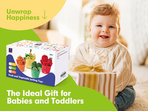 Hahaland 16Pcs My First Fruit Vegetable Color Sorting Play Food-Crinkle,Rattle,preschool Toy,Baby Toys 6-12 Months Montessori learning Toys for 1 Year Old Boy Girl Gifts Toddler Easter Basket Stuffers