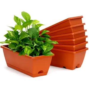 Bamworld Pack of 7 43cm Rectangular Window Sill Flower Boxes, Plastic Garden Pot with Drainage for Balcony, Patio, Red