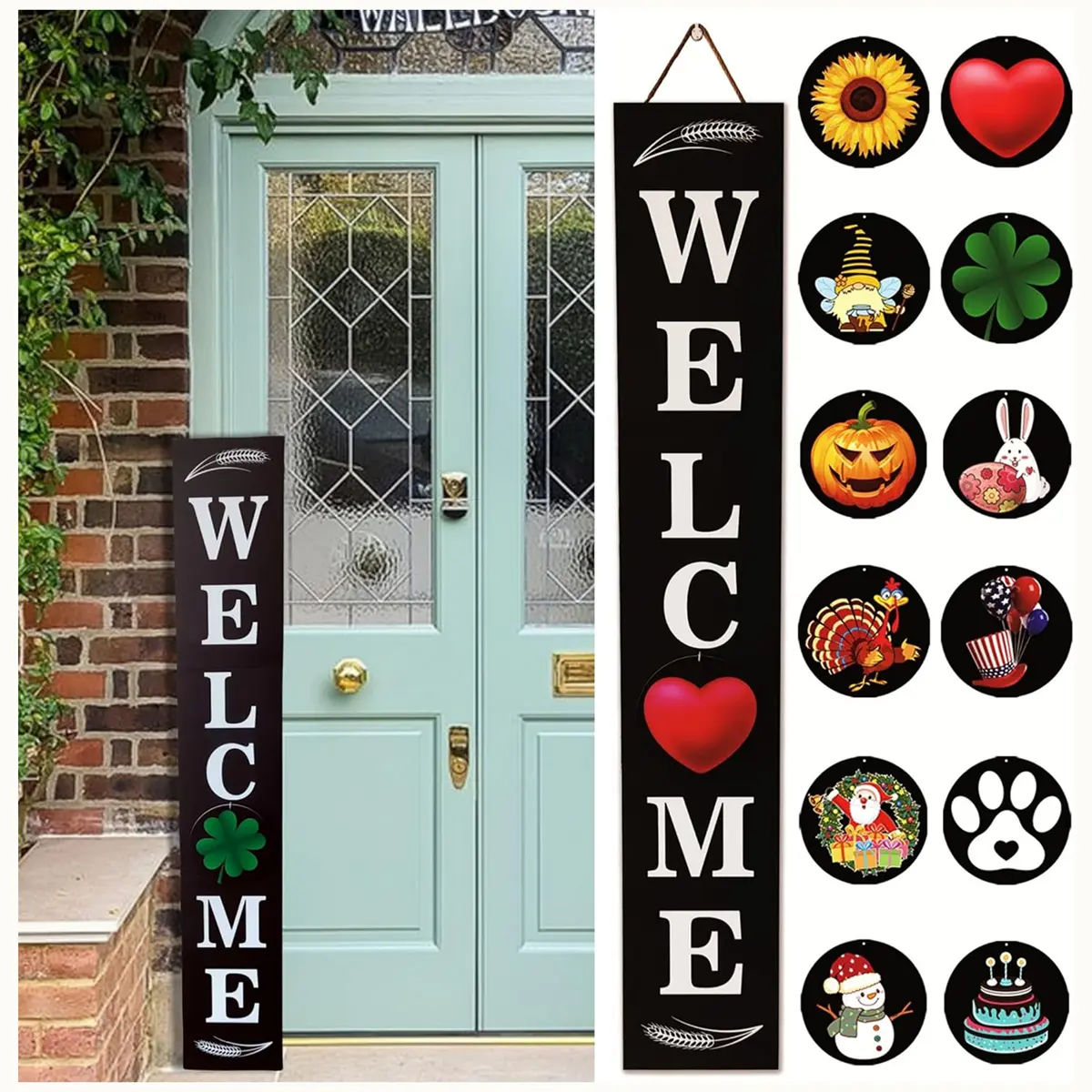 Rustic Wooden Outdoor Welcome Sign - 47-in Tall Wind-Resistant Heavyweight Vertical Porch Decor, 12 Interchangeable Seasonal-Holiday Panels, Casual Party Thanksgiving Anniversary Housewarming Gift with Window Mount for Gardens, Outdoors