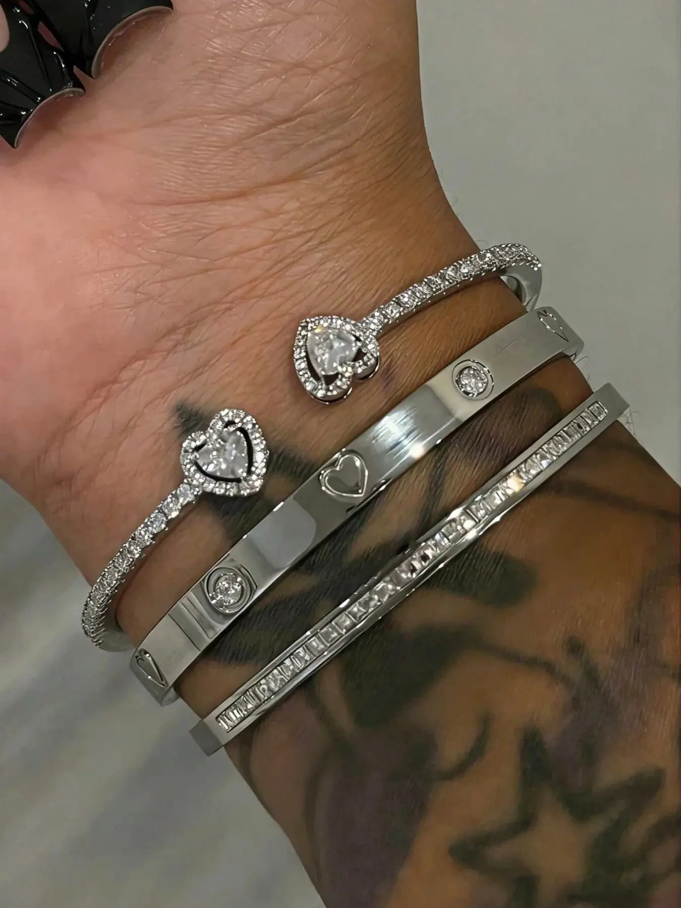 3pc/Set Stainless Steel 18K Gold-Plated Zirconia Heart Bangle, 14K Gold Copper Zirconia Open Cuff Bracelet, Fashion Women's Daily Wear Holiday Gift Set, Elegant Heart-Shaped Zirconia-Studded Bracelet, Stack Bangle, Jewelry Bracelets