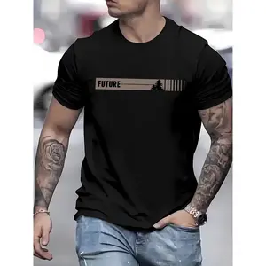 Easter Idea MEN'S casual crew neck T-shirt with "future" print, short sleeve, knit fabric, 95% polyester 5% spandex, slight stretch, regular fit, summer top-Black Streetwear Classic