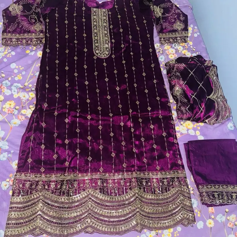 Merganga Colour Pakistani Suit - Purple Embroidered Kurta with Matching Pants for Festive Wear