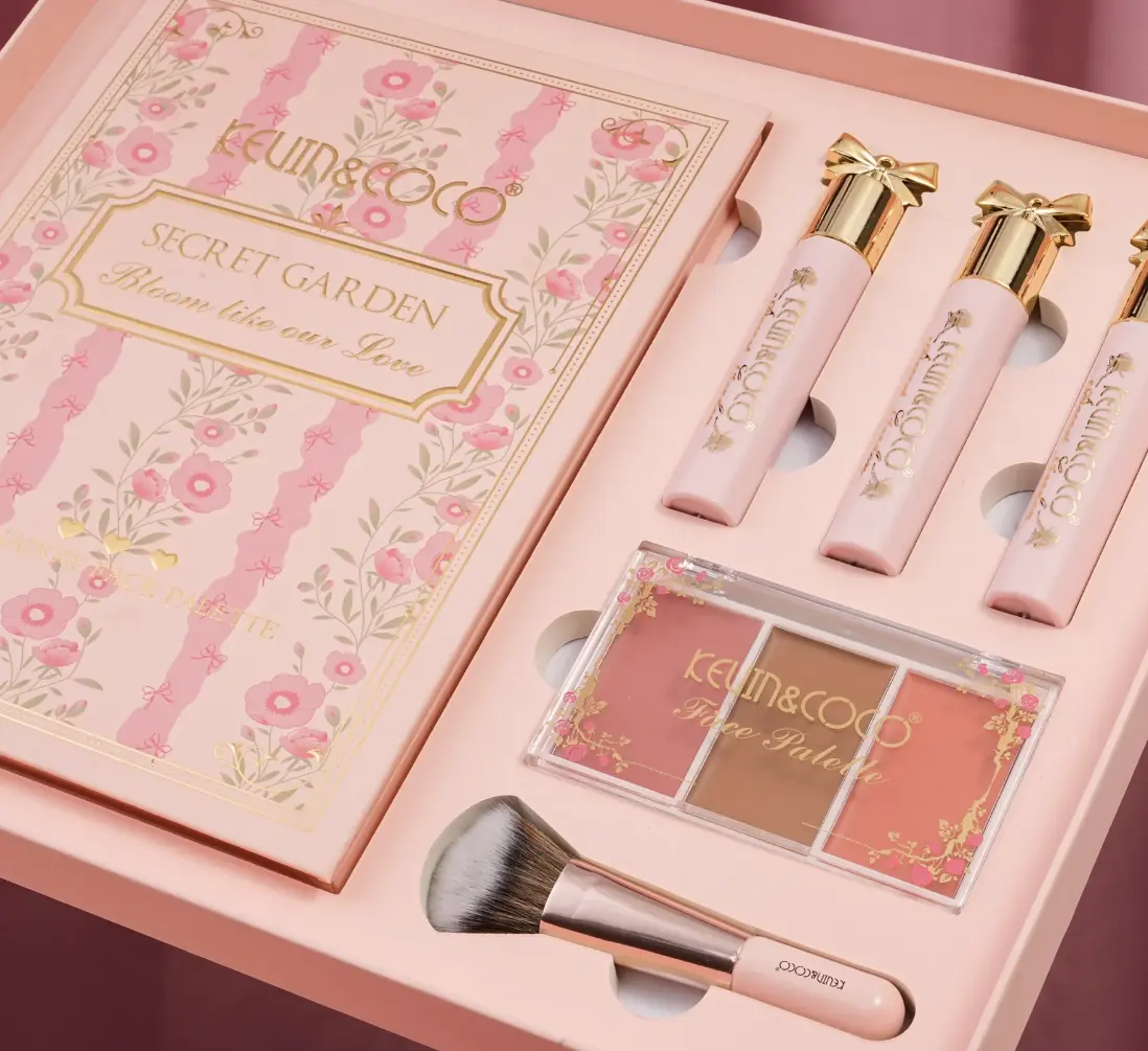 KEVIN&COCO Secret Garden Flower Beauty Makeup Set - Paraben-Free, High-Coverage, Buildable Finish Kit with Eyeshadow, Blush, Lip Gloss, Face Bronzer, Peach Compact Box for Makeup Beginners, Youthful Look, Mother's Day Gift with Shopping Bag