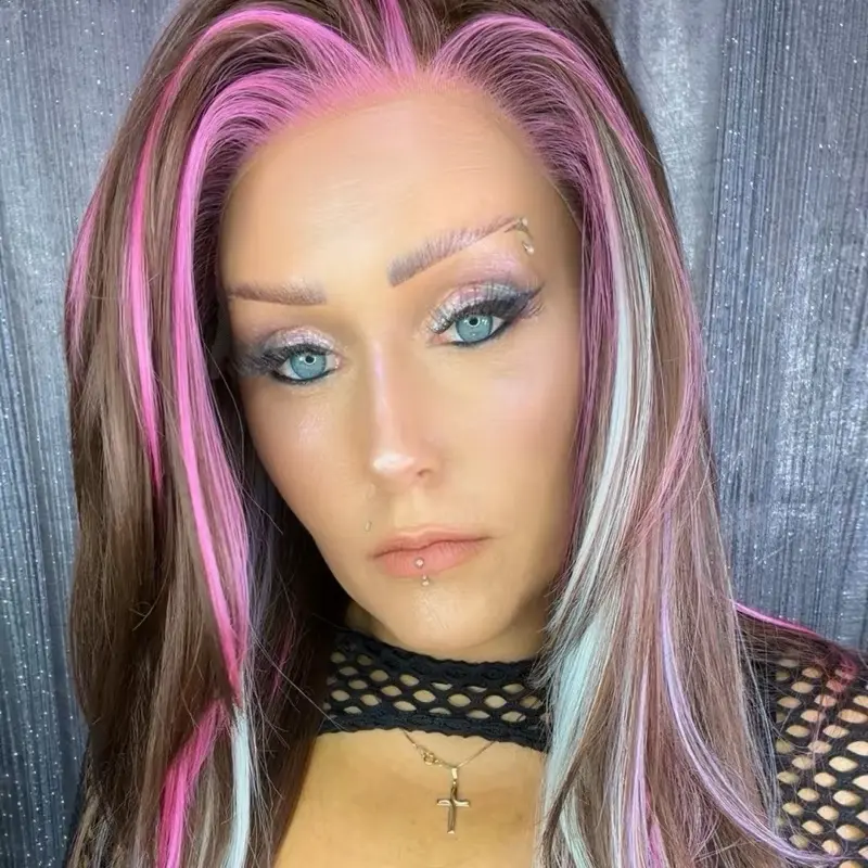 Unveiled-Iris | 13x4 synthetic lace front wig Brown Lace Front Wig with Pink, Lavender & Mint Highlights