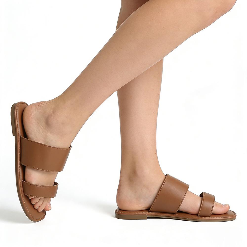 Women's Flat Sandals Two Strap Slide Sandals Square Toe
