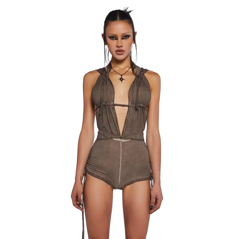 Downbeat Hooded Romper - Brown - Our viral hooded romper in a washed stretch knit construction
