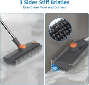 Adjustable Long Handle Floor Scrub Brush – Heavy Duty Bathroom, Tile & Kitchen Cleaning Tool Silicone Squeegee Blade