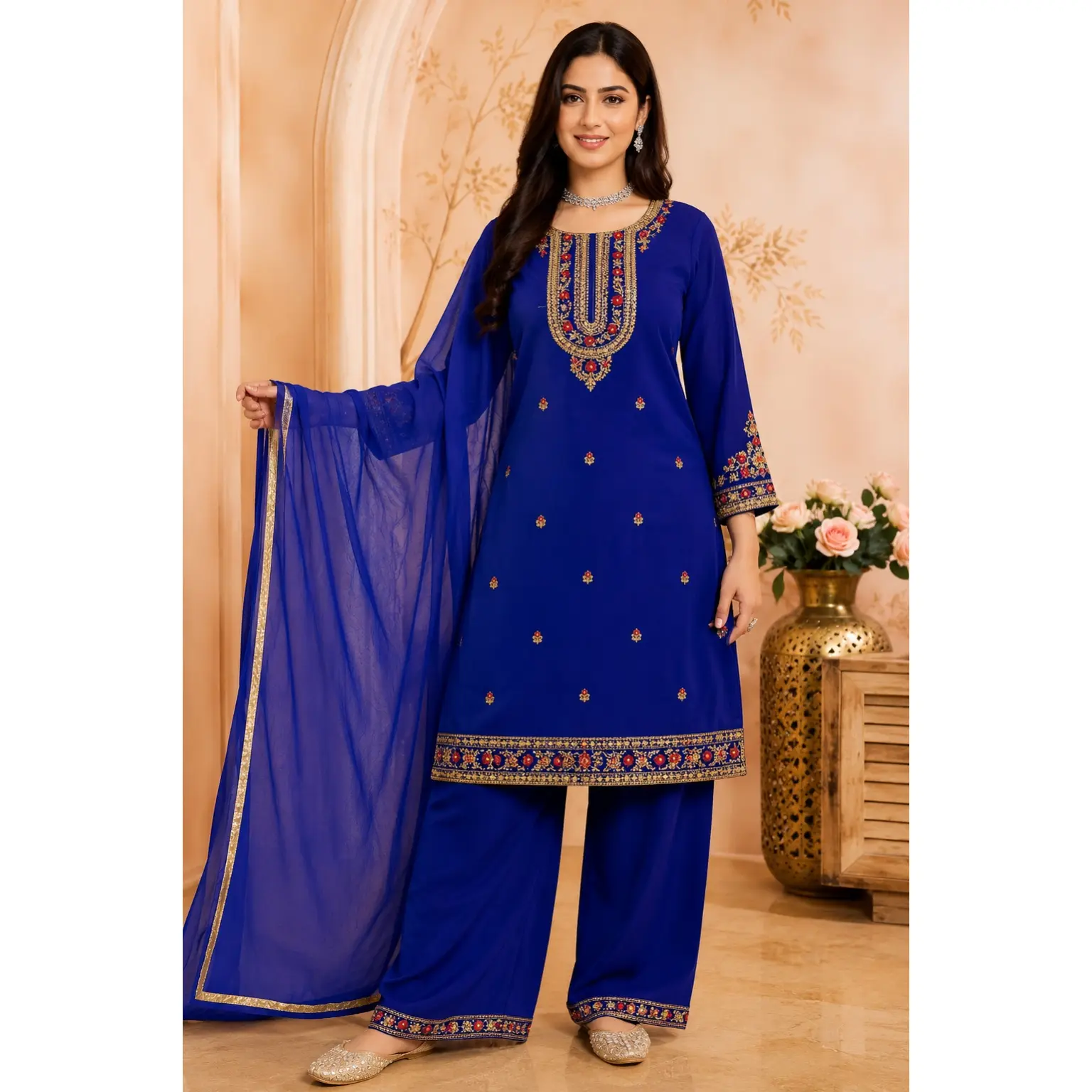 Georgette Embroidery & Zarkan Work Kurti Palazzo Set