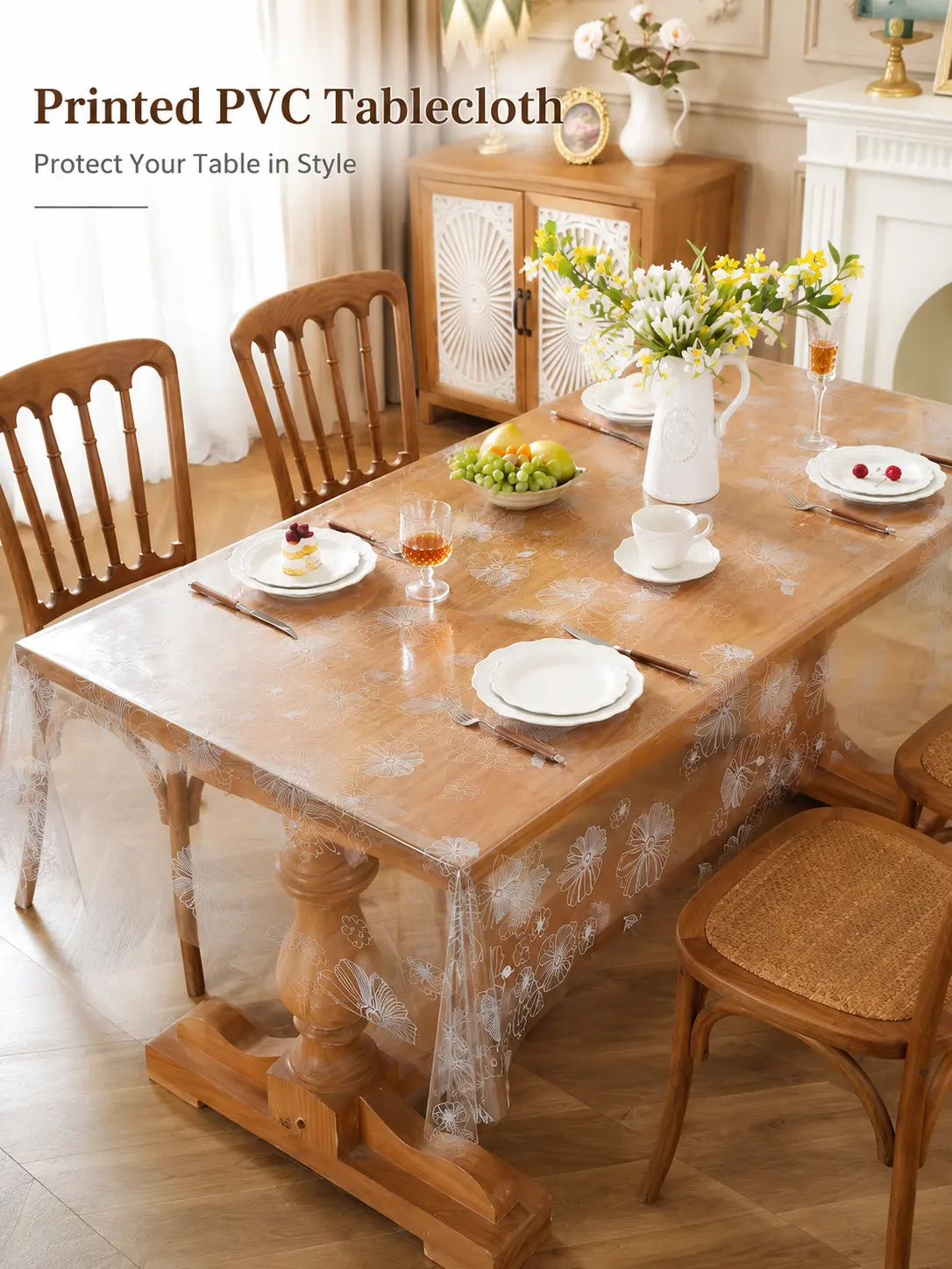 Fresh Floral-Print PVC Tablecloth—Waterproof and Grease-Resistant Square Clear Plastic Dining Table Protector, Wipes Clean in a Flash, Perfect for Kitchen Dining Tables, Halloween, and Christmas Parties (4 Sizes)