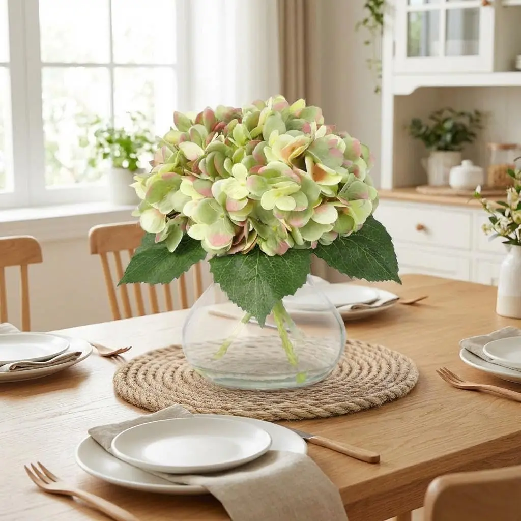 GAOMON Green Fake Flowers, Artificial Hydrangea Flowers with Vase & Fake Water, Silk Faux Flower Arrangements for Coffee Table Decor, Bathroom Plant Decor, Centerpiece Table Decorations