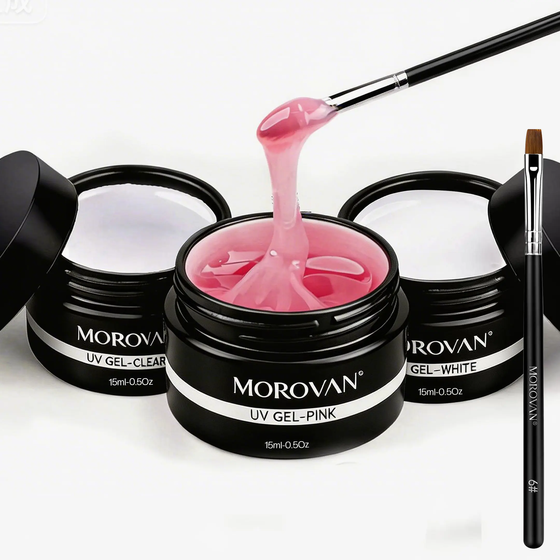 Morovan 3-Color Builder Gel  (Pink, White, Clear) with Nail Brush – Nail Extensions & Sculpting | Strong, Long-Lasting UV Cure，Professional Manicure Gel for Salon & Home DIY