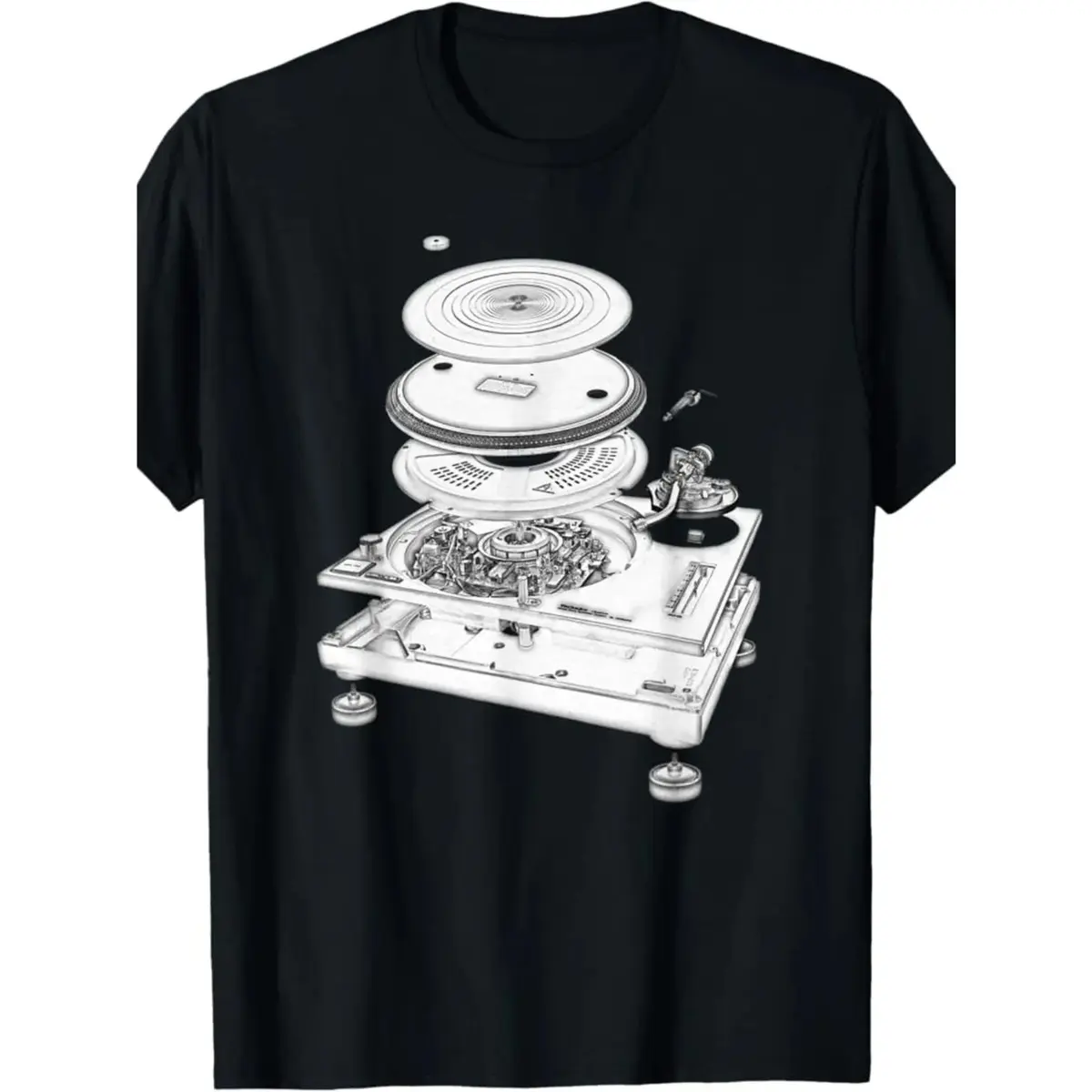 Men's Graphic T-Shirt with Vintage DJ Turntable Blueprint, Streetwear Short Sleeve Crewneck Top for Music Lovers, Tshirt, Basic, Shortsleeve, Casual, Round Neck, Denim
