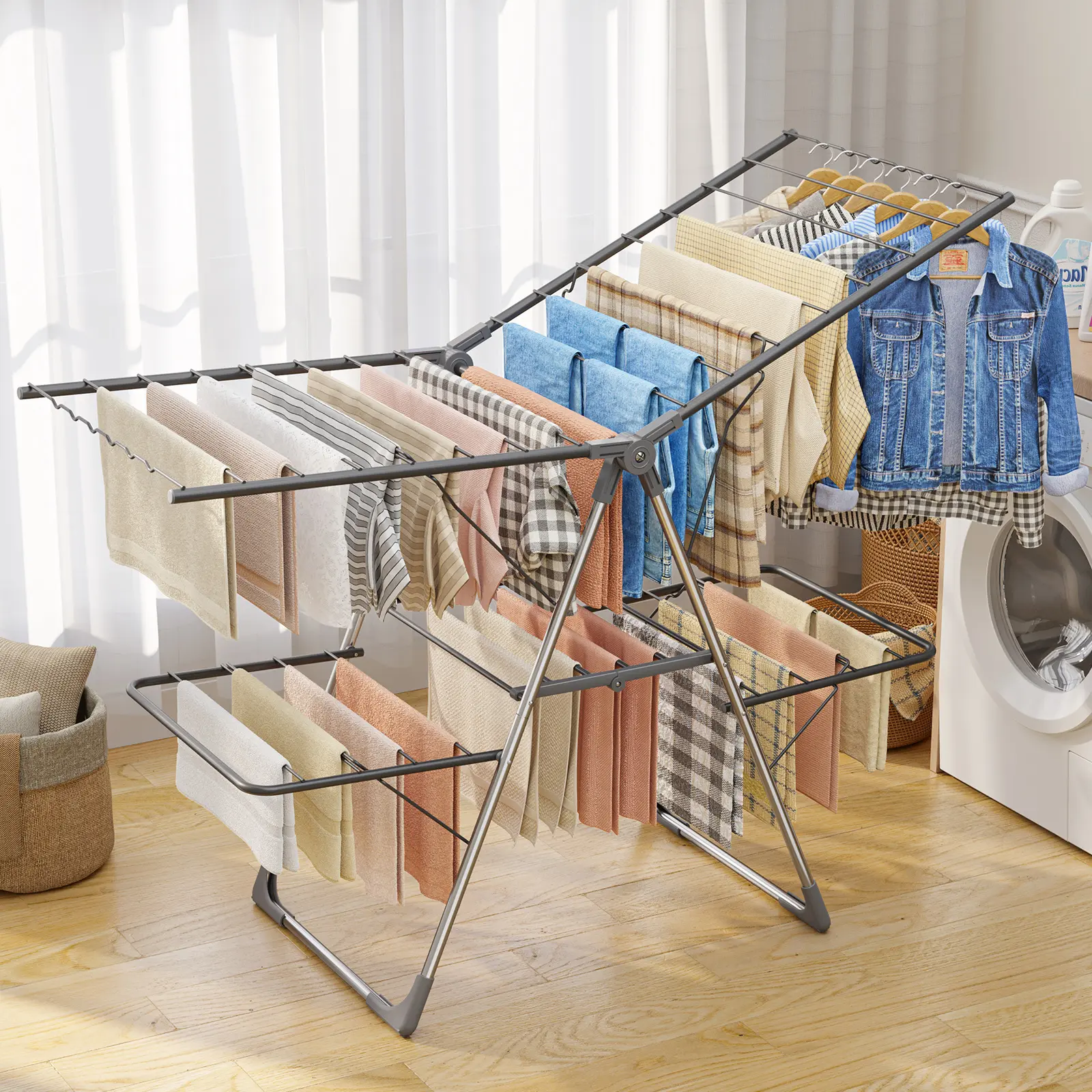 Folding Clothes Drying Rack - Portable Laundry Stand with Multiple Bars, Stable Base for Indoor & Outdoor Use, Portable Drying Racks, Laundry Room Accessories