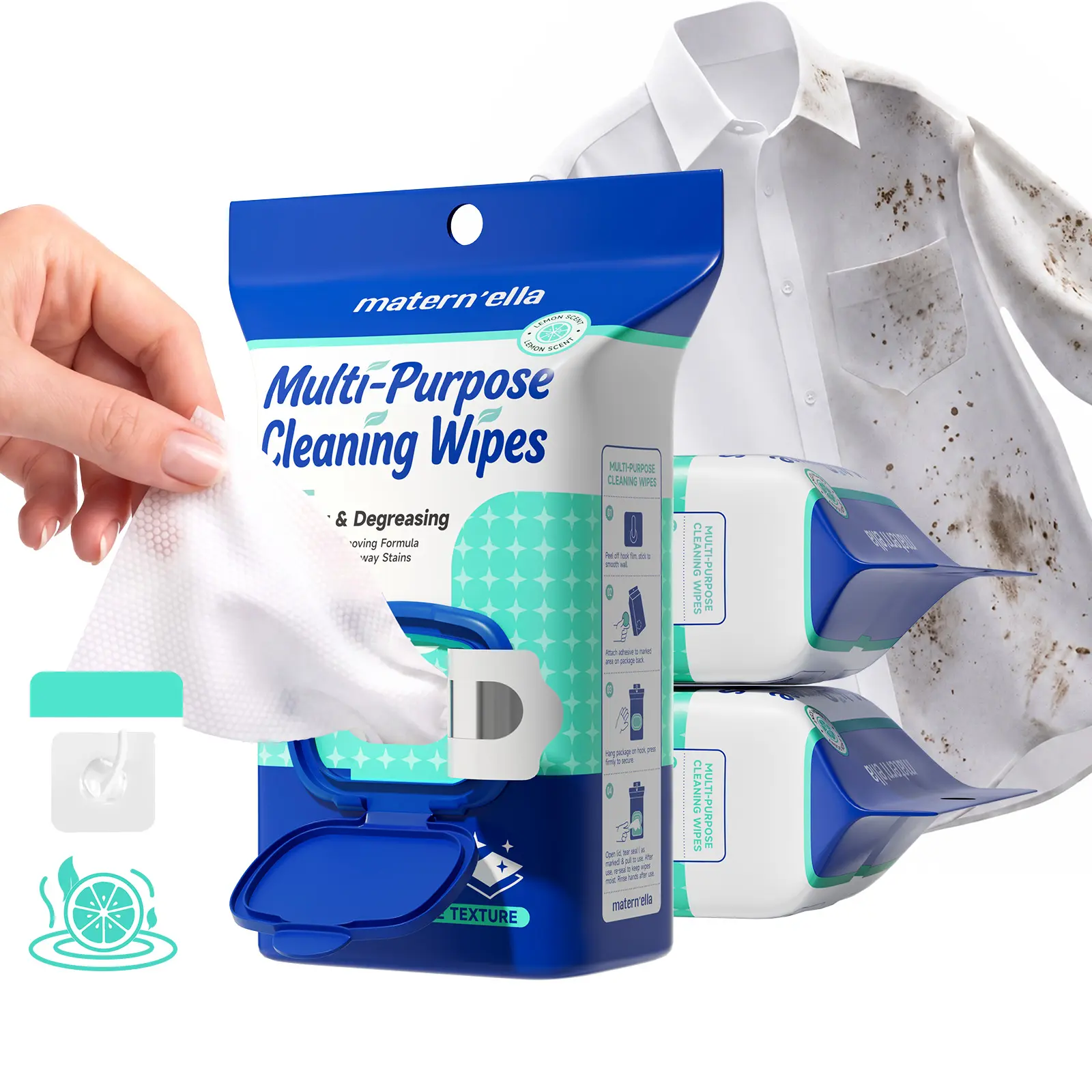 Matern'ella Hanging Multi-Purpose Lemongrass Scented Household Cleaning Wipes (60ct Compact Pouch) - Dual-Sided Degreaser, Deep Stain Remover, No-Rinse Dirt & Oil Removal for Counters, Appliances