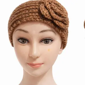 Winter Wide Camellia Flower Knit Crochet Headband Earwarmer for Cozy Style Brown Hairband