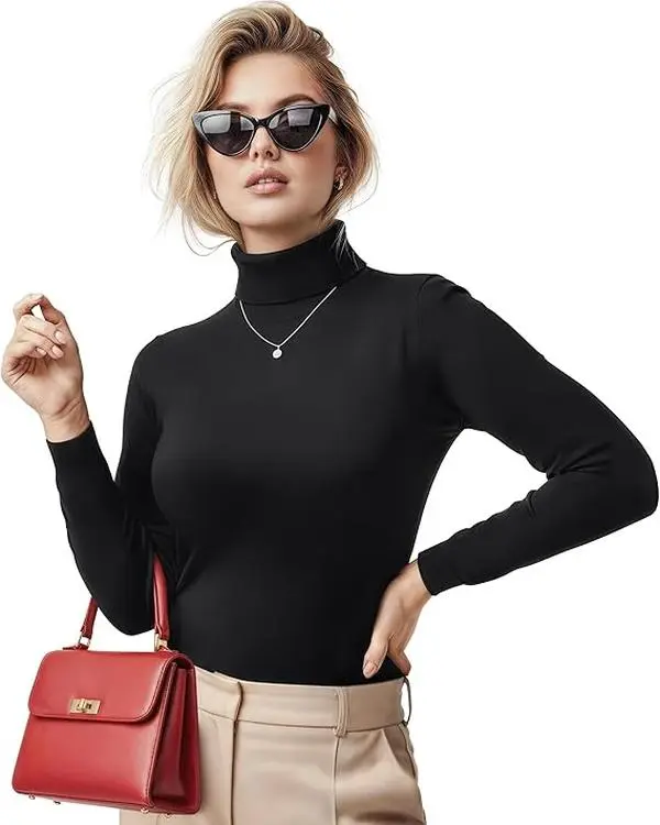 NY Threads Women's Minimalist Bodycon Turtleneck, Stretchy Plush Poly-Cotton Long Sleeve Top, Comfortable Thermal Base Layer, Basic, Elegance, Chic, Casual, Fabric, Style, Lady, Elegant, Bodycon Cut, Piece, High Neck, Plain