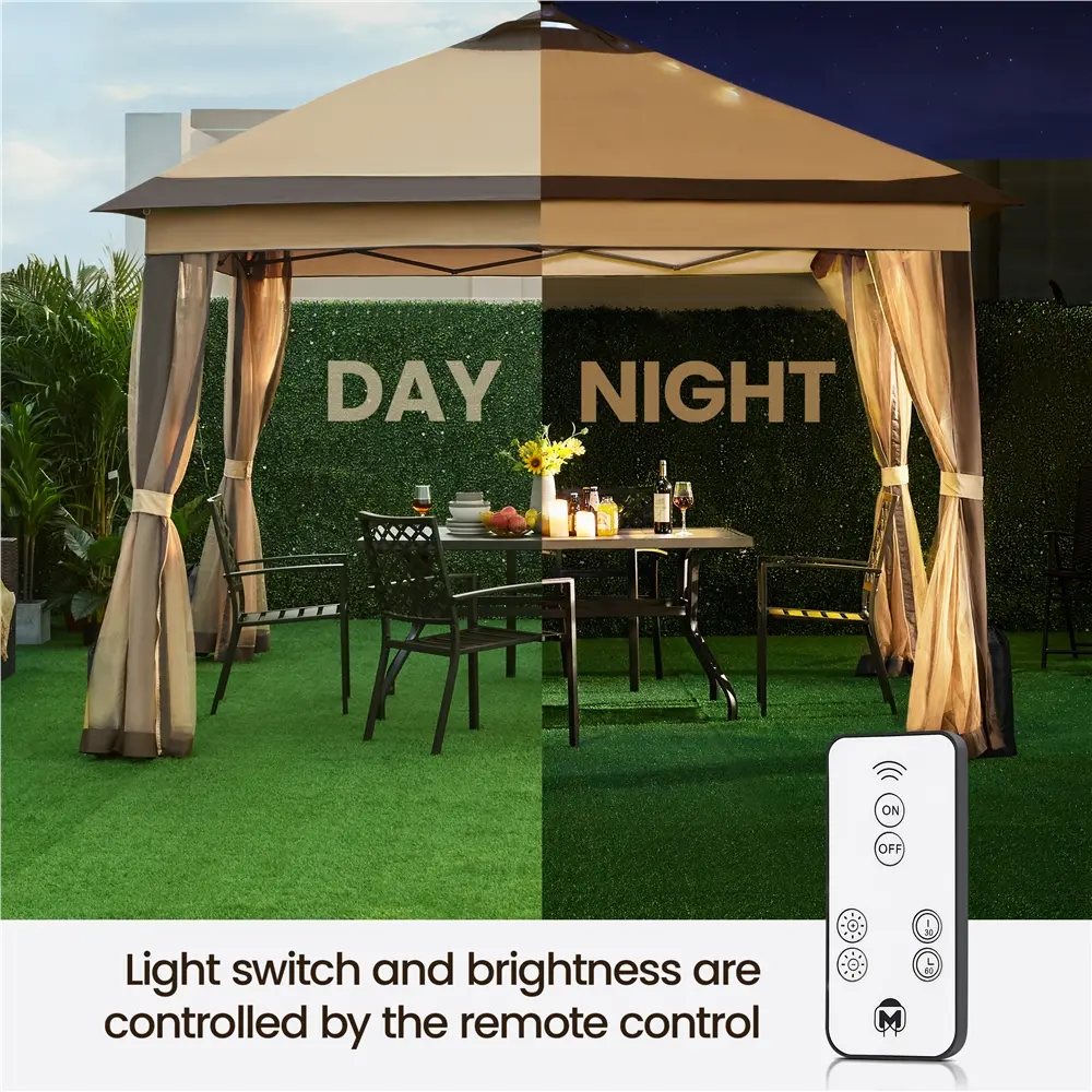 【Remote with Solar LED Lights Gazebo】Yaheetech 11/13FT Pop-Up Gazebo Tent with Solar LED Lights and Mesh Netting Sides, Outdoor Shelter Sun Shade Gazebo Height Adjustable with Carry Bag