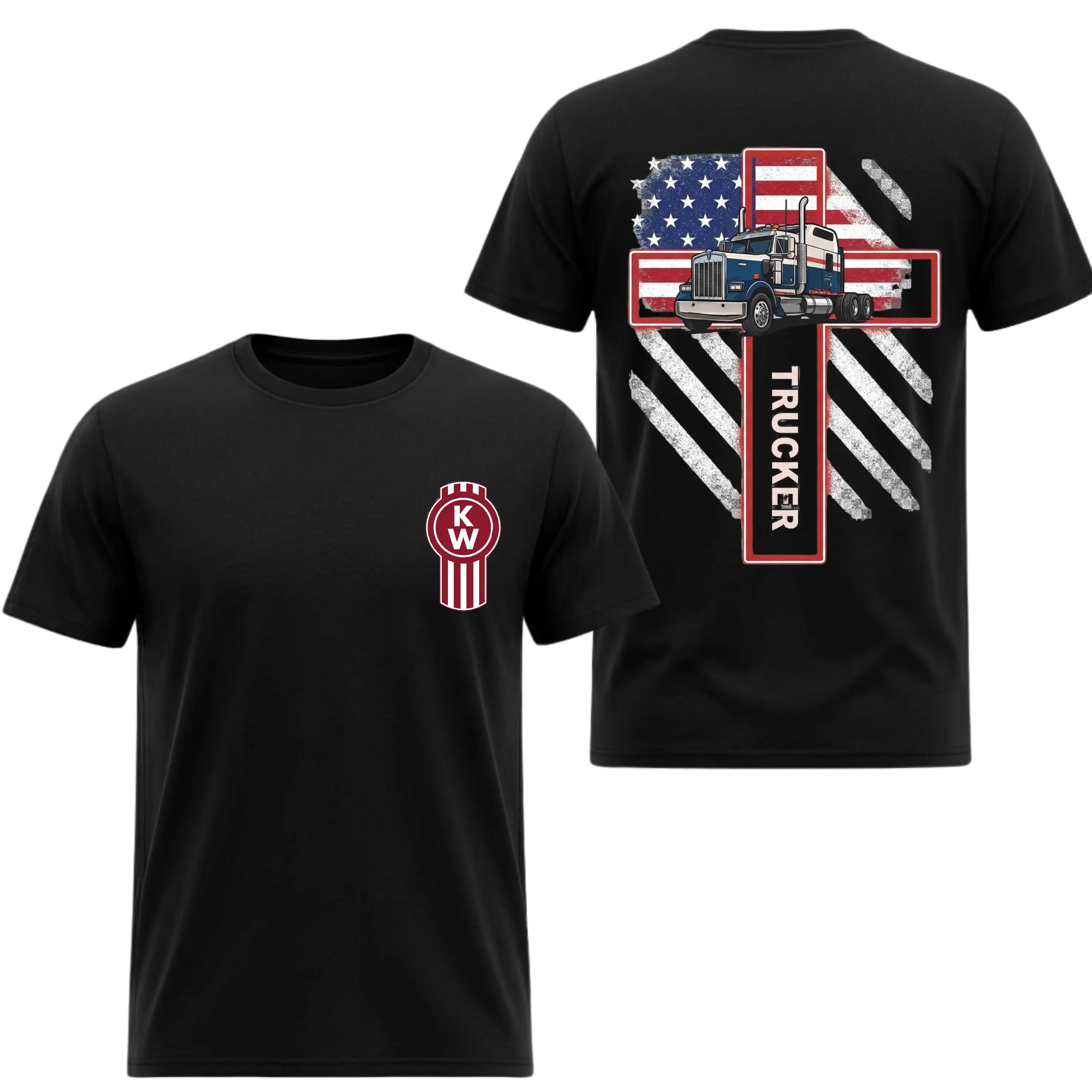 Patriotic Cross Kenworth W900 Trucker T-Shirt, 2 Sides, American Flag KW Logo Graphic Tee