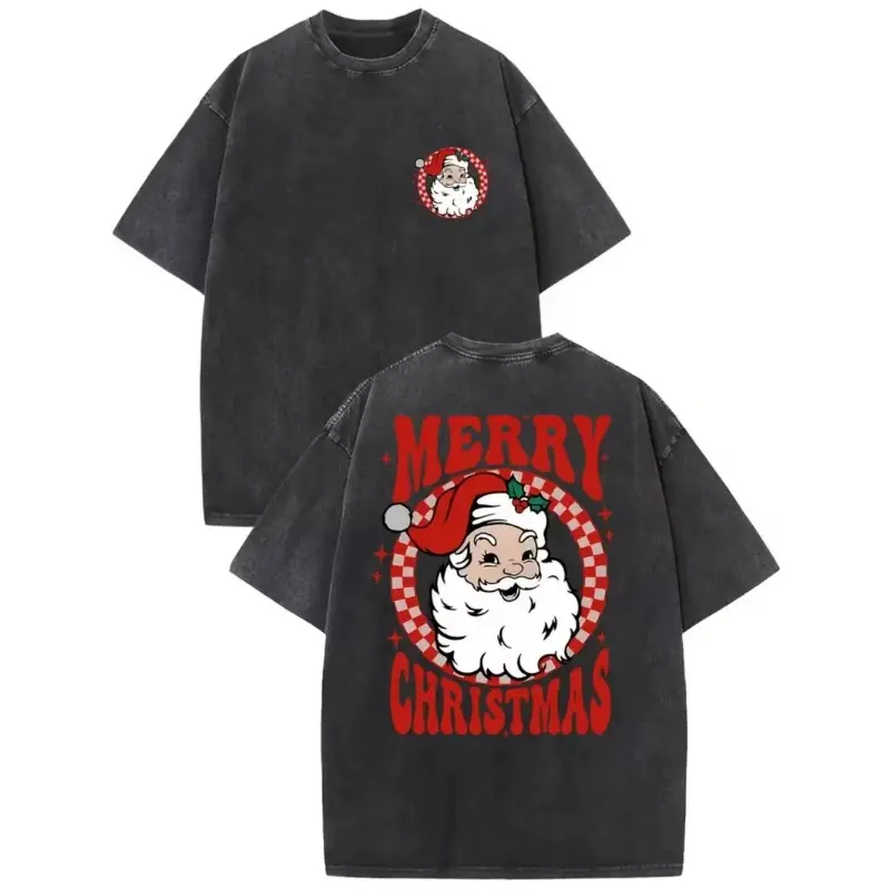 Men's Vintage Distressed Heavyweight Washed T-Shirt - Christmas Graphic Print with Santa Claus & Merry Christmas Lettering, Soft Breathable Fabric, Loose Fit Round Neck Short Sleeve, Casual Streetwear Holiday Party Outfit (Red/Green Checkered Design)