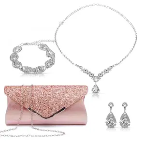 4-Piece Women's Rhinestone Evening Clutch Set Silver Clutch Bag with Detachable Chain & Matching Jewelry Set for Parties Weddings & Cocktail Events