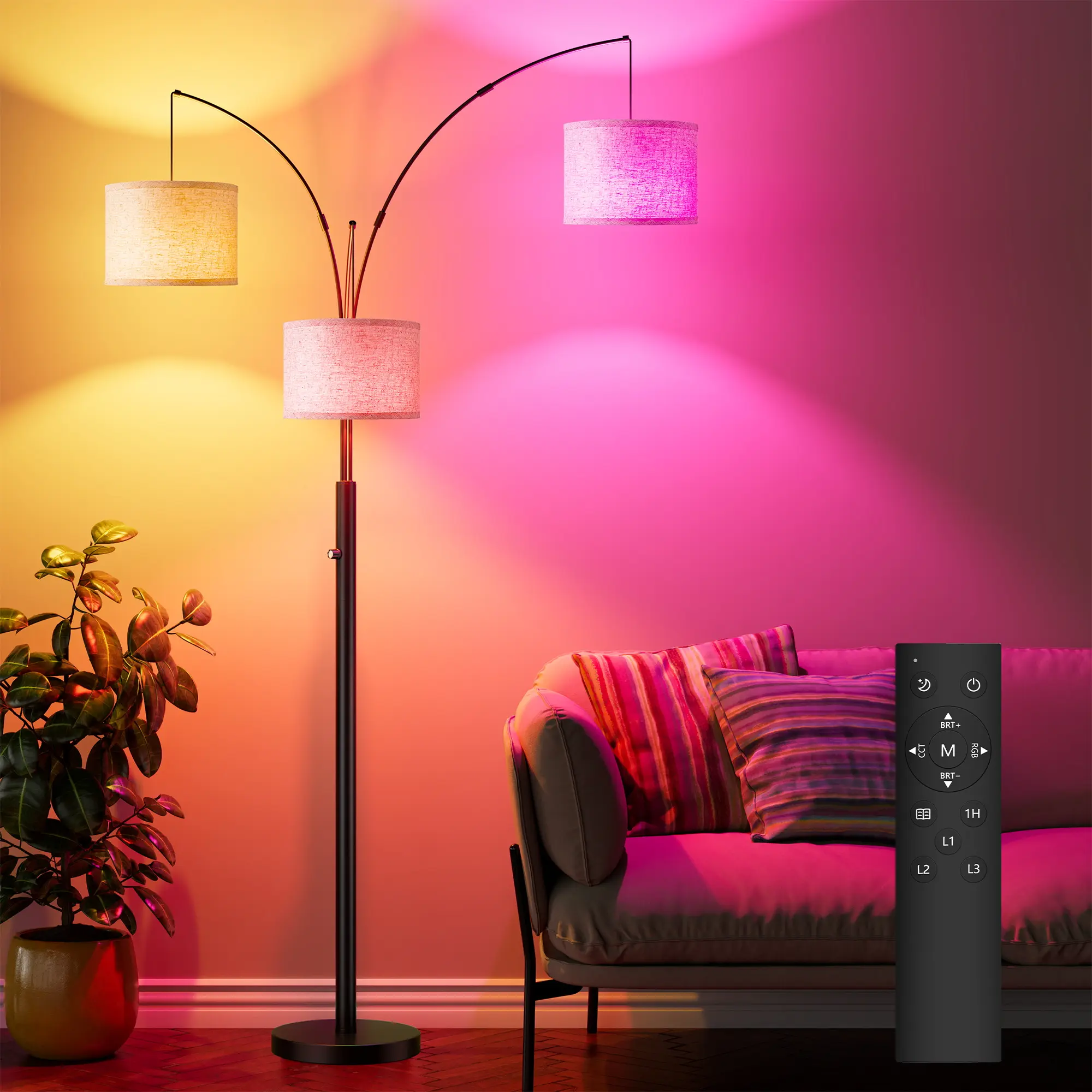 Curved Floor Lamp for Living Room, Modern Black Floor Lamp with RGB Lighting, Multi-Arm Triangular Arch Floor Lamp Suitable for Bedrooms, Lounges, and Home Offices, Light Beige Lampshade