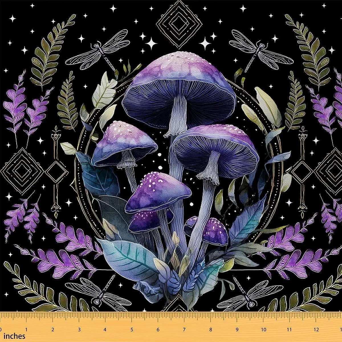 Feelyou Purple Polyester Mushroom Fabric by the Yard - Dragonflies, Nature Herbs, Plants, Star Patterns, Waterproof Upholstery Fabric for Chairs, Room Decor, Easy-Cleaning Indoor/Outdoor Home DIY Projects