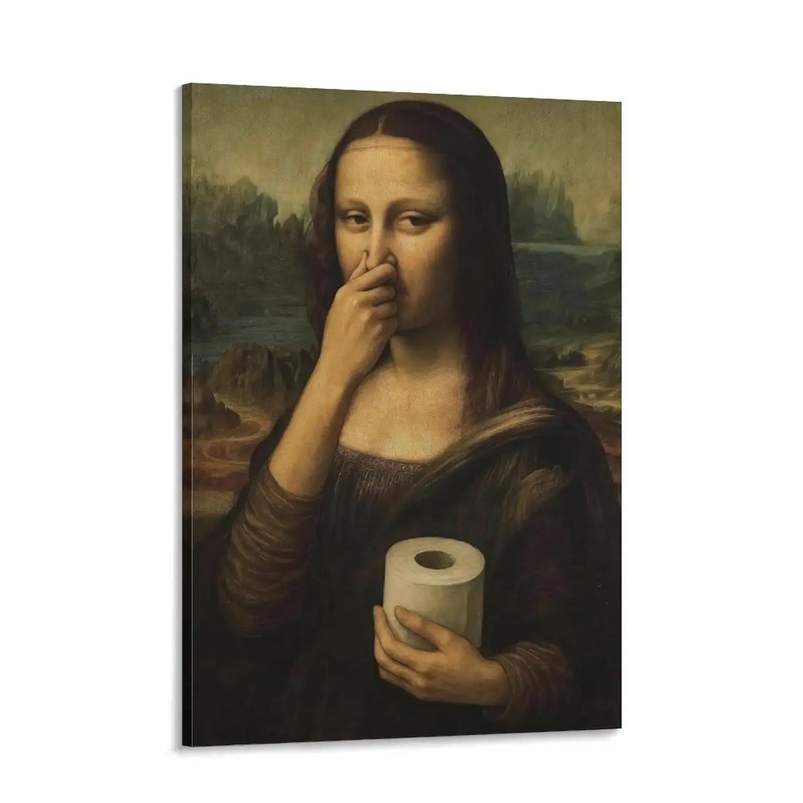 Humorous Renaissance Parody Canvas Wall Art Print - Funny Mona Lisa Pinching Nose Holding Toilet Paper, Bathroom Home Decor Artwork, Unique Gift for Restroom