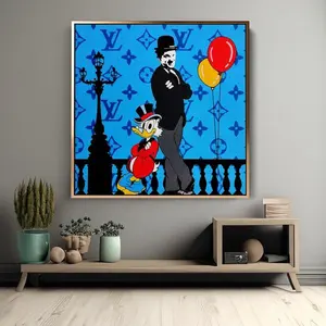 Vintage Charlie Chaplin And Scrooge Mcduck Pop Art Oil Painting - Handmade Cartoon Wall Decor