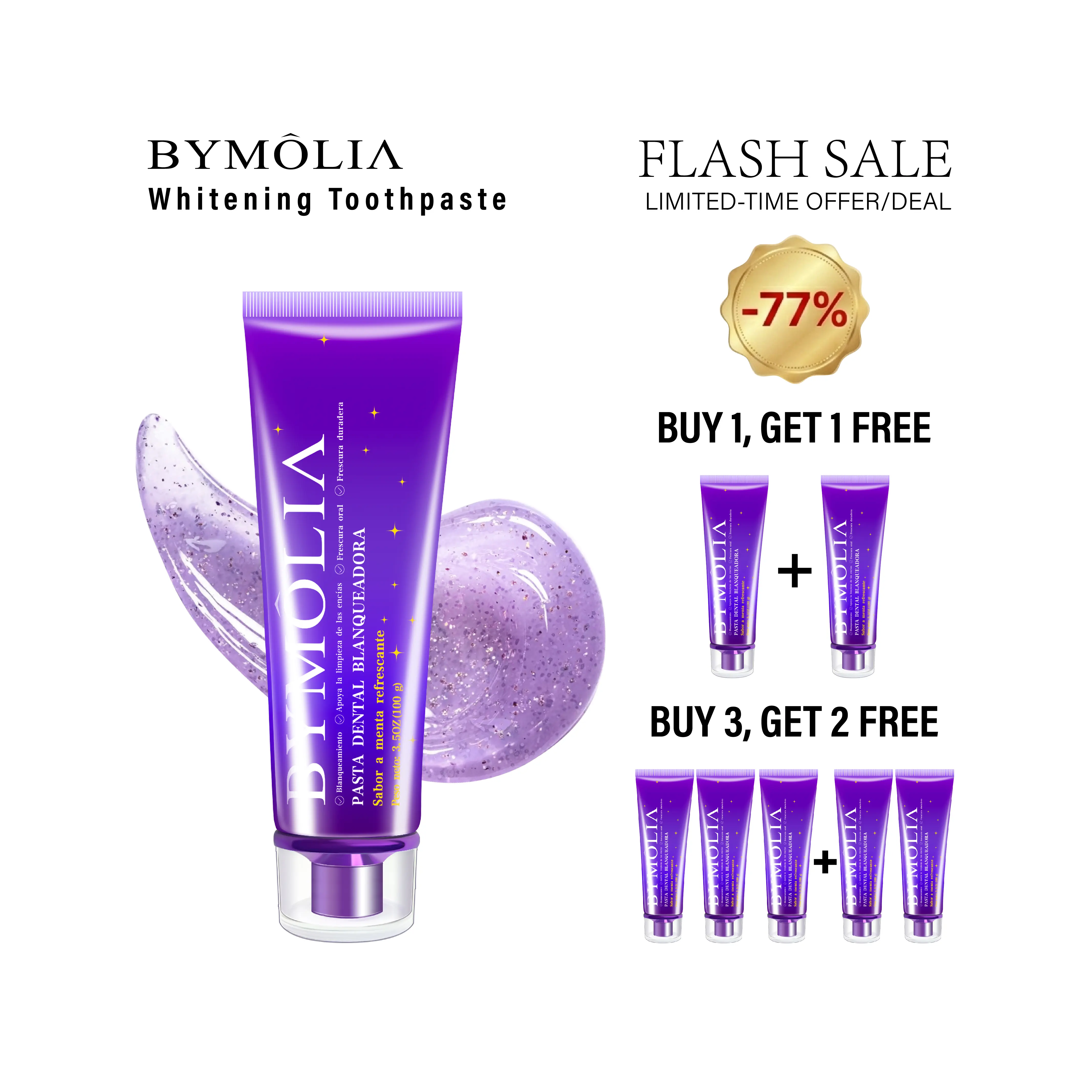 BYMOLIA Whitening Toothpaste Gentle Purple Formula - Fluoride-Free Enamel Repair - Anti-Plaque Oral Care - Color Corrector for Coffee & Tea Stains - Mint Flavor for Long-Lasting Fresh Breath