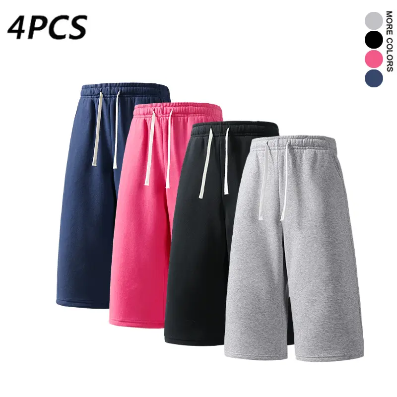 Pack of 4 unisex weighted knit loose sweatpants, seven-eighths length (over-the-knee), drapey cut, relaxed straight athletic casual style, soft fabric; versatile sports-casual pants, summer shorts, men’s shorts.