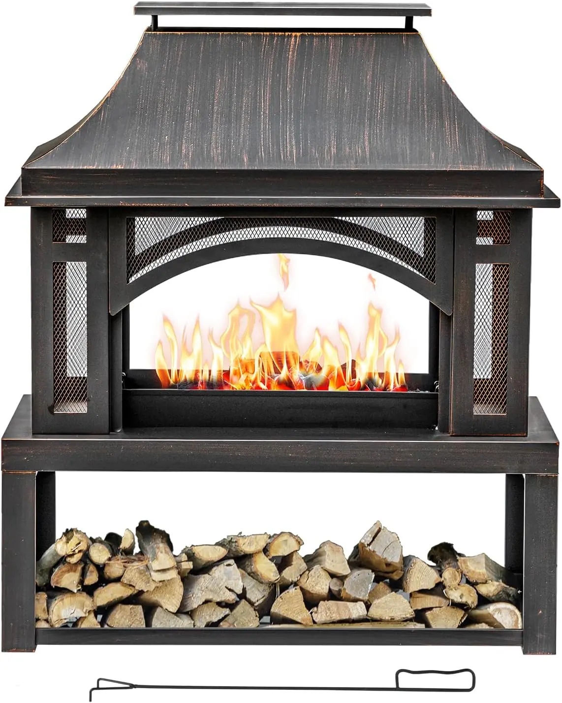Outvue 39" Antique Bronze Square Wood Burning Fire Pit - Rust-Resist Steel Outdoor Metal Fireplace with Wood Storage, Chimney Aids Clean Burn, Spark-Safe Mesh Screen & Fire Poker for Garden, Backyard