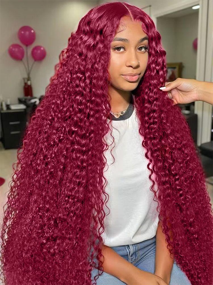 13x6 Hd Colored 99j Burgundy Lace Frontal Human Hair Wig 30 32 Inch Brazilian Water Wave Curly Red Wigs 13x4 Deep Wave Frontal Wig 100% Human Hair Quality On Sale