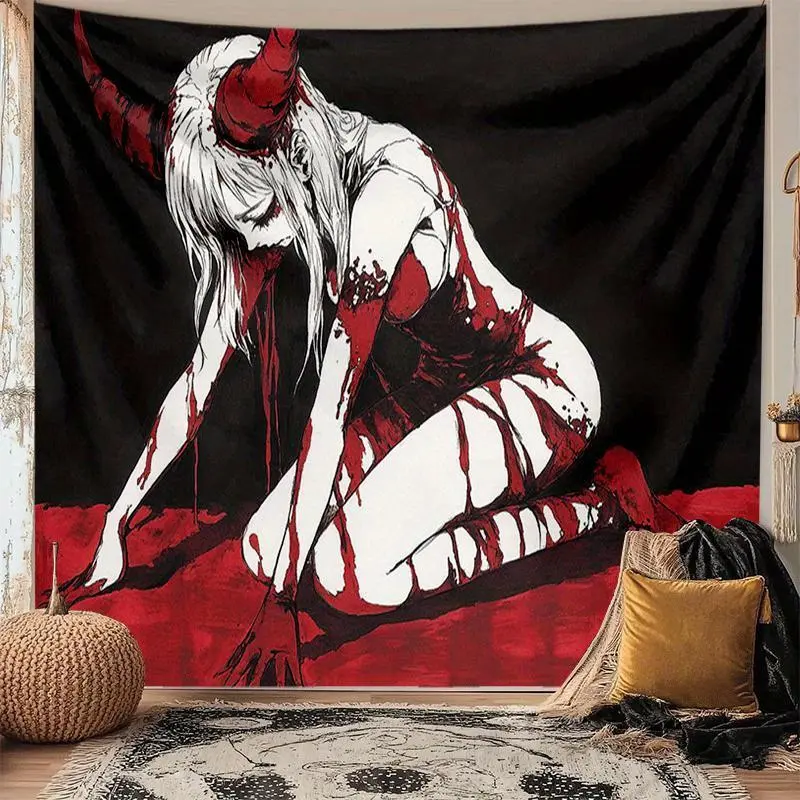 Gothic Demon Pattern Wall Hanging Tapestry Banner - Blood Red, 100% Polyester, Hand-sewn Edges, Wrinkle-resistant, Indoor-Outdoor Use, Decoration, Room Decorations for Living Room