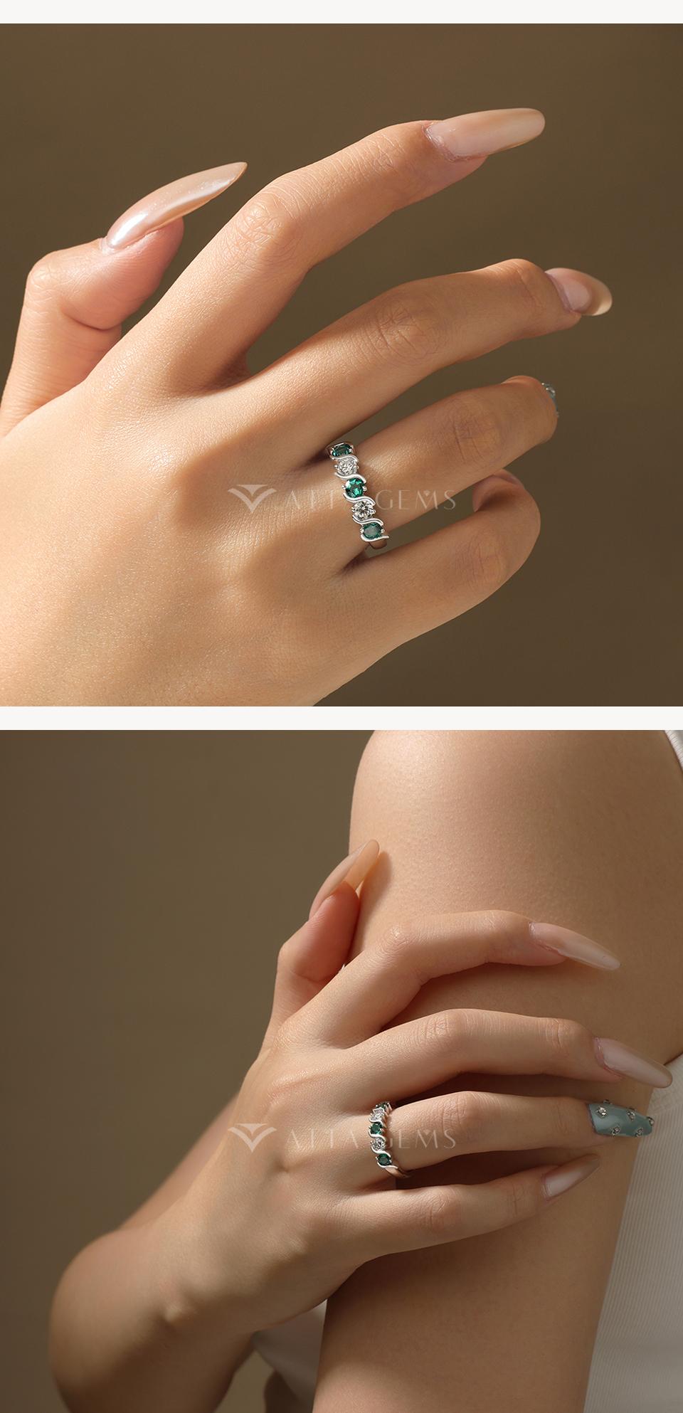 ATTAGEMS Round Brilliant Cut D Color VVS1 S925 Sterling Silver Lab-Created Moissanite& Green Stone Exquisite Jewelry Ring Wedding Engagements Gift  R322