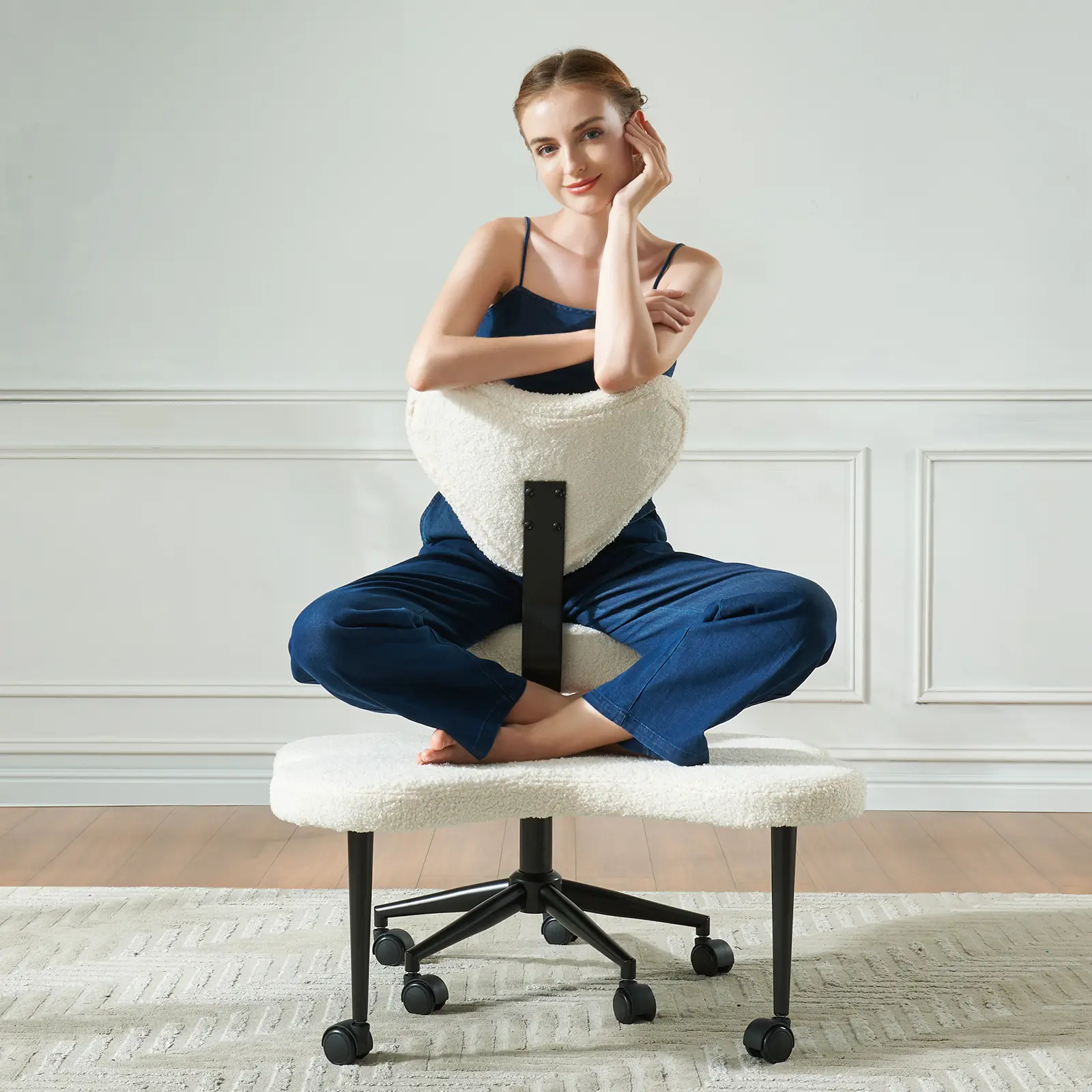 【Summervibes】Pinmoco Heart-Shaped Backrest Cross-Leg Ergonomic Chair - 360° Rotatable, Spacious, Adjustable, Armless Comfy Desk Chair for Home Office, Ergonomic Chairs, Comfy Desk Chairs