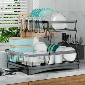 Kitchen Countertop Large Dish Drying Rack Removable High-Capacity Dish Drainer Double-Layer Dish Rack With Cutlery Storage Tray Black