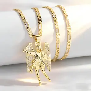 Hip-Hop Fashion Archangel Saint Michael Wing Charm Necklace Gold Plated Saint Michael Medal Mixed Media Portrait Jewelry Holiday Gift