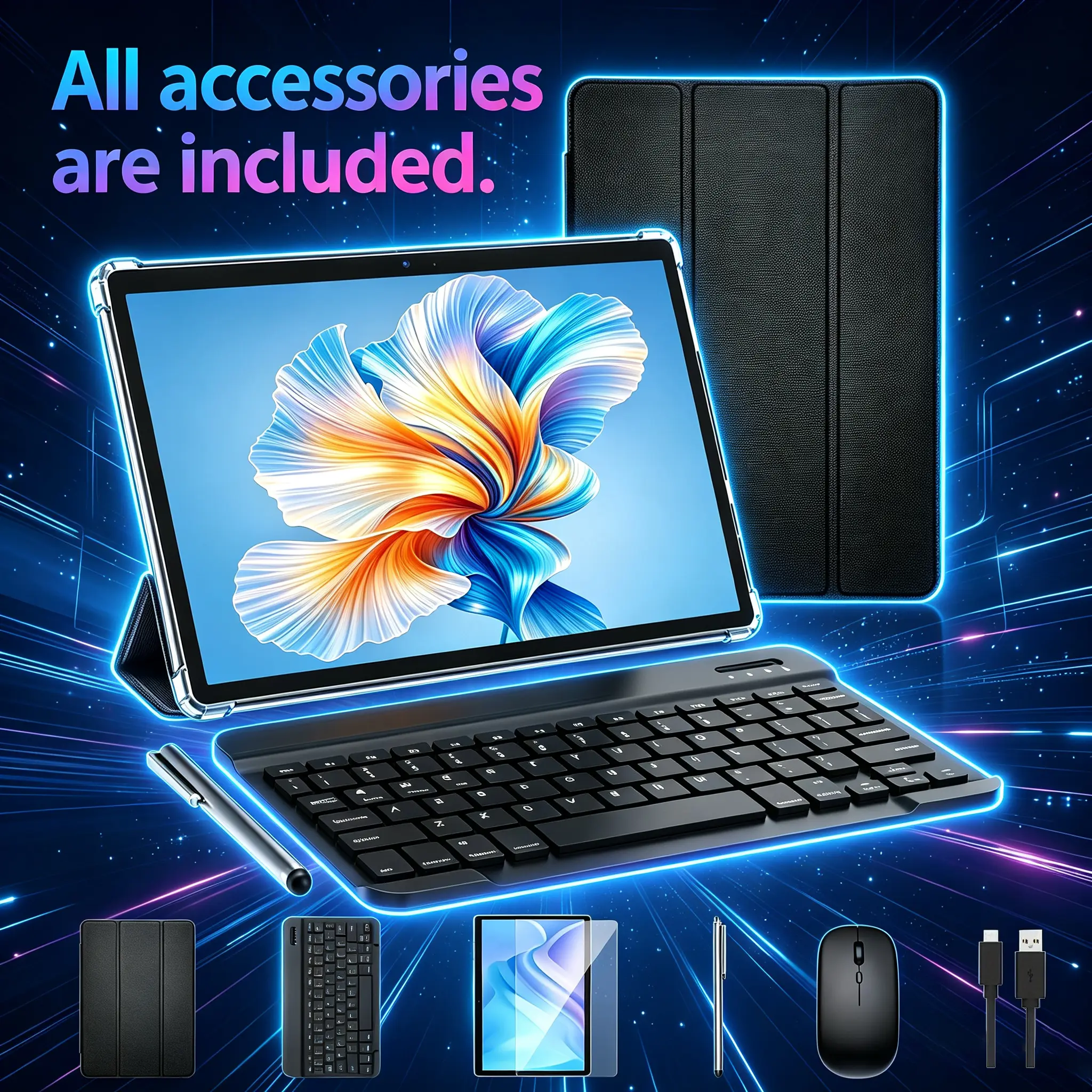 10.1-inch Android 14 Tablet, 12GB RAM+256GB Expandable Storage, 10000mAh Battery, 5G-Wi-Fi Support, Portable Accessory Bundle (Keyboard, Mouse, Case, Stylus) for Study, Work