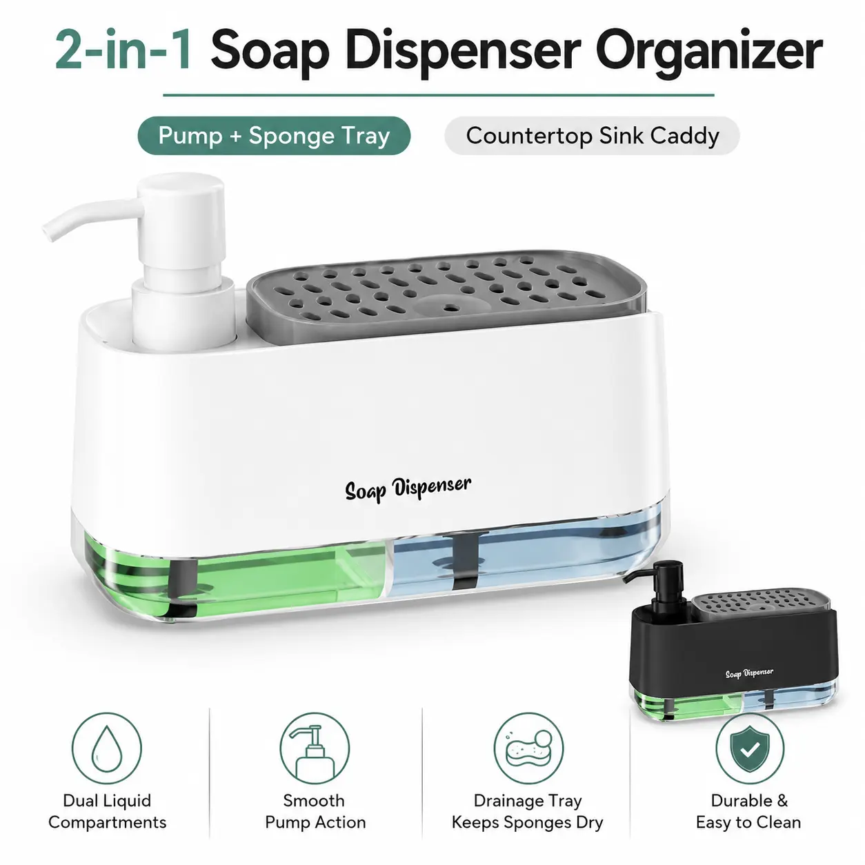 2-in-1  Soap Dispenser with Sponge Holder, Dual Liquid Compartments, Refillable Pump & Drain Tray, Countertop Sink Caddy Organizer for Dish Soap, Hand Soap, Sponges & Brushes, Space-Saving  Cleaning Storage**