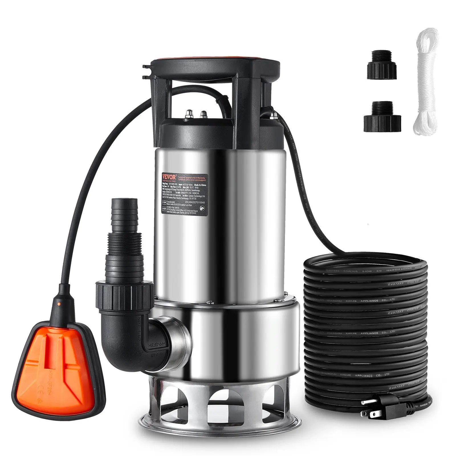 1HP Sump Pump, 4020GPH, 30FT Lift Stainless Steel Submersible Sludge Pump with 26FT Power Cord Automatic ON/OFF Float Switch, Drain Clean/Dirty Water for Basement Flood Pool Pond Garden Hot Tub