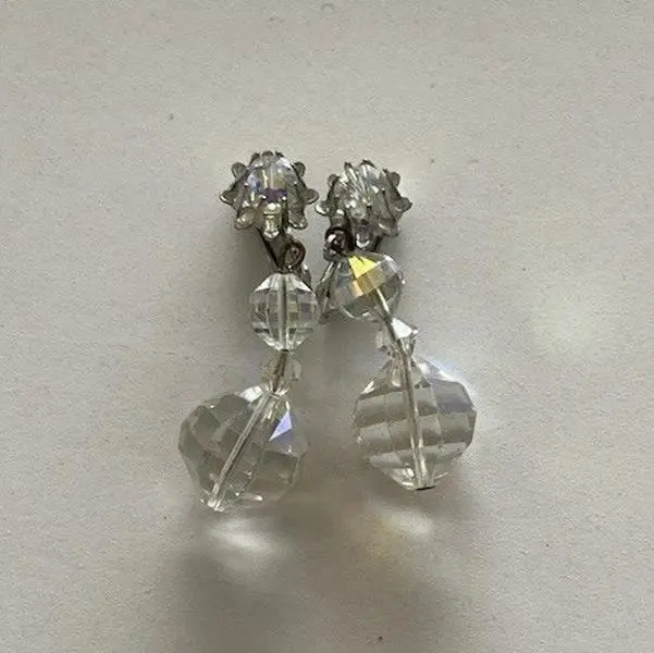 Vintage Clear Aurora Borealis Faceted AB Crystal Beaded Dangle Earrings