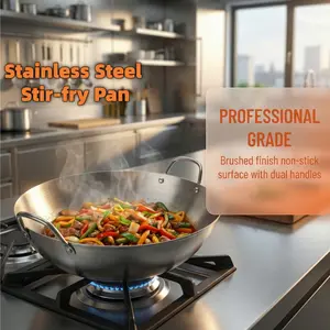 Heavy Duty Stainless Steel Wok Flat Bottom Pan for High Heat Stir Fry Professional Chef Home Kitchen Restaurant Outdoor Cookware