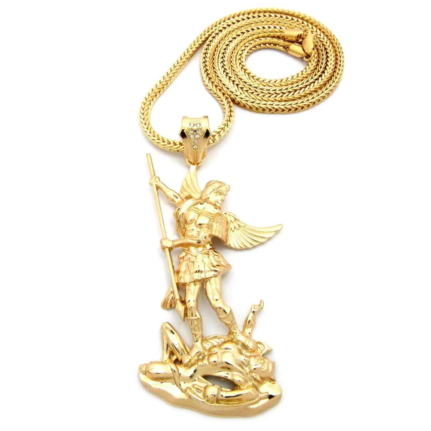 MaxBling81 Unisex Gold Plated Necklace - Polished High-Quality Hip Hop Look, Large Saint Michael Archangel & Lucifer Peace Charm Pendant, 4mm Stainless Steel Franco Chain (18in/20in/24in), No Metal Coating, Every Day Wear, Large Charm
