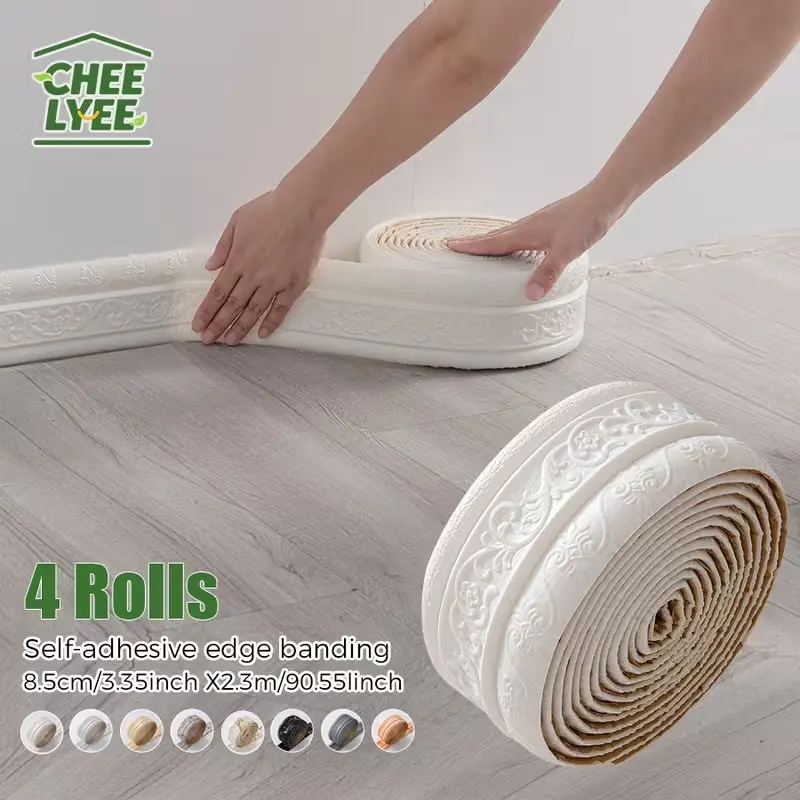 4 Rolls SXP Self-Adhesive Foam Edge Banding - 8mm Thick Peel & Stick Vinyl Baseboard Molding, Decorative Trim with Rounded Edges, Easy Installation for Walls, Floors, Cabinets, Doors - Durable High Quality Skirting Board Alternative