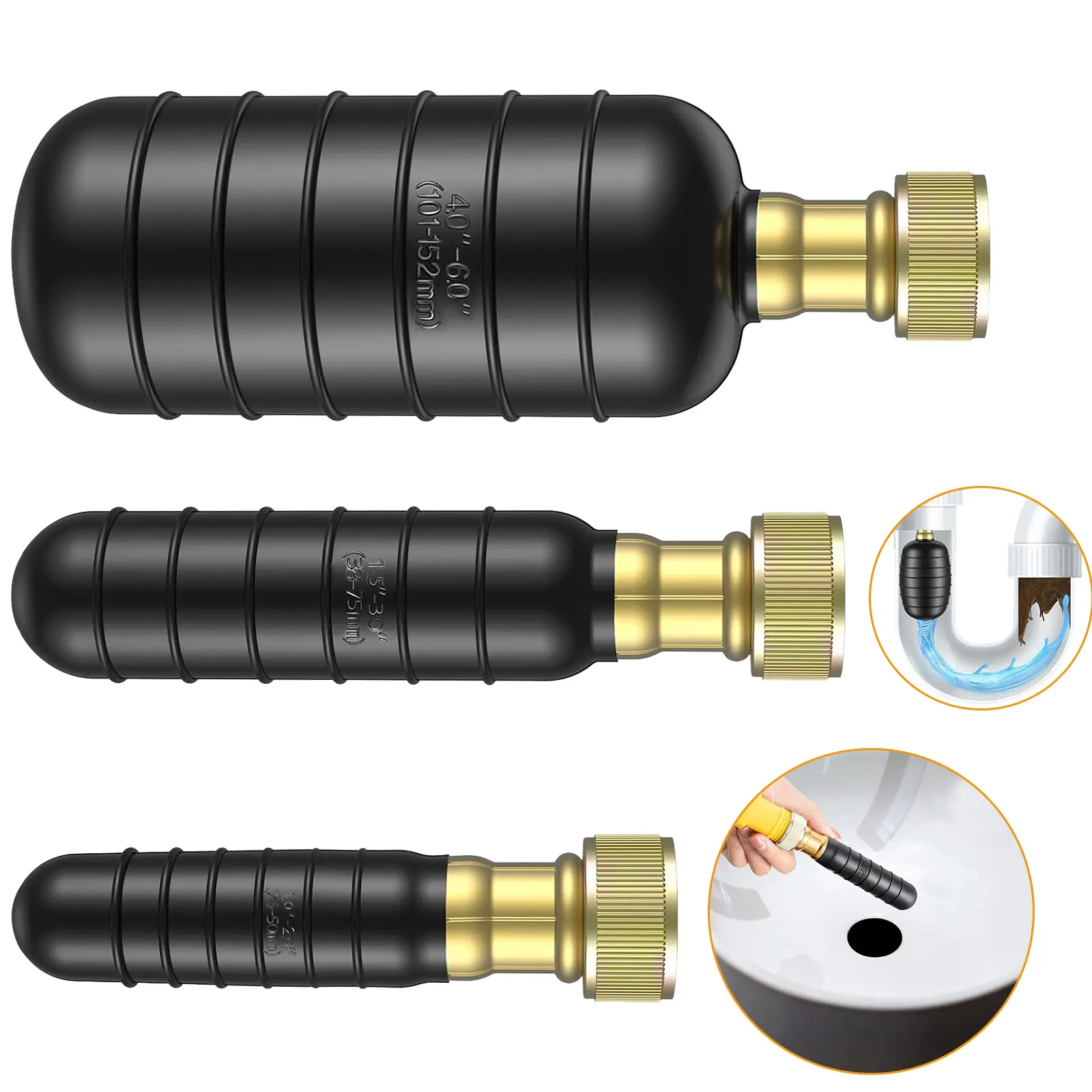 3pcs 40-80 PSI Drain Bladders Kit - Drain Cleaning Kit Compilable with 1" to 6" Drain Pipes,Rubber Drain Bladder Unclogger for Bathroom Sinks,Showers,Kitchen Drains