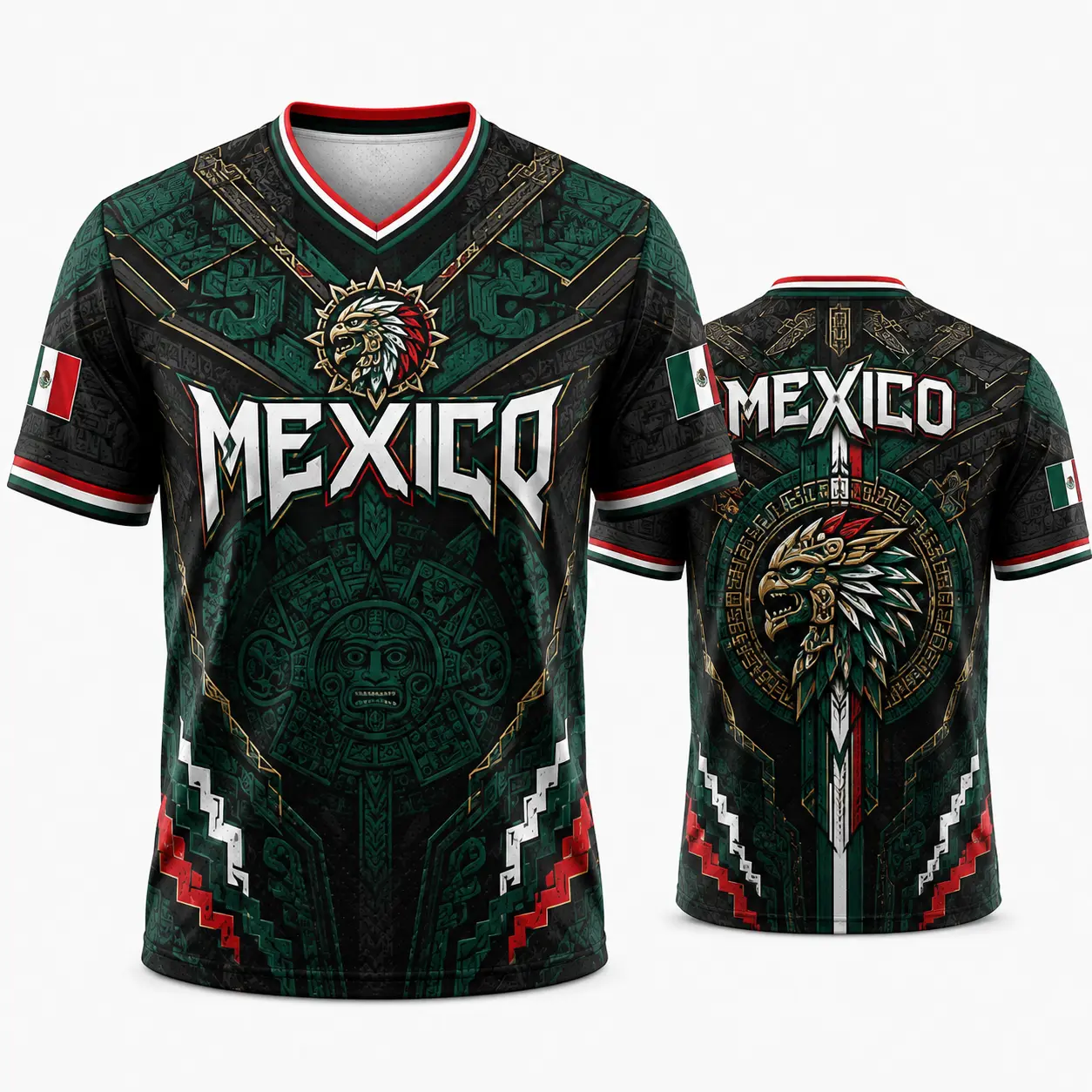 Men's Mexico Soccer Jersey, Stylish V-Neck Short Sleeve Fan Shirt with 2026 Inspired Aztec Eagle Warrior Graphic, Athletic Jersey, Stylish Jersey tiktokshopbacktoschool