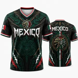 2026 New Mexico Eagle Warrior V-Neck Sports Jersey, Aztec Calendar Graphic Short Sleeve Shirt for Men, Green Black Soccer Fan Tee